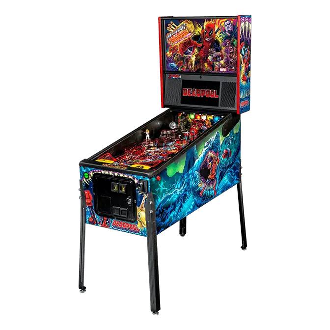 Deadpool Premium Pinball Machine by Stern Stern Deadpool Premium pinball machine Marvel Deadpool Premium pinball cabinet Deadpool pinball playfield Deadpool arcade pinball machine